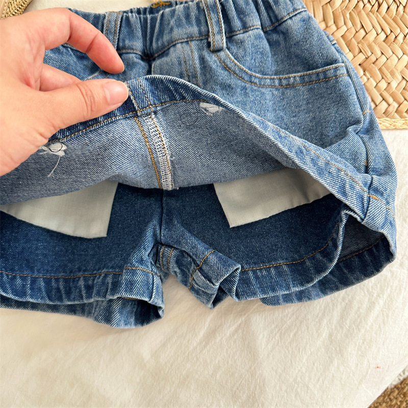 Lányoknak készült denim A-vonalú szoknya masnis hímzéssel, 92% pamut, egyszerű mintázat, nyár.