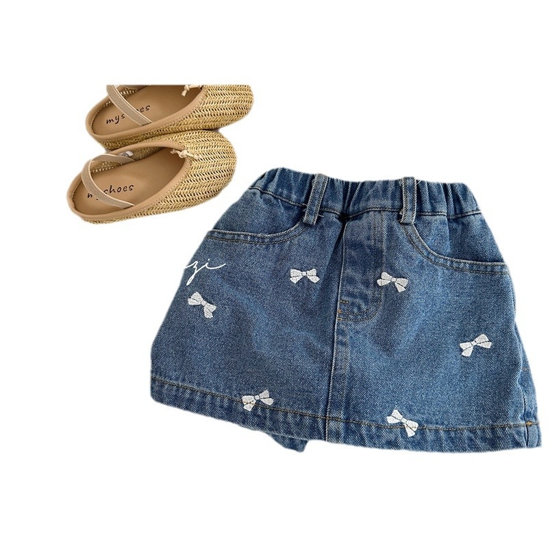 Lányoknak készült denim A-vonalú szoknya masnis hímzéssel, 92% pamut, egyszerű mintázat, nyár.