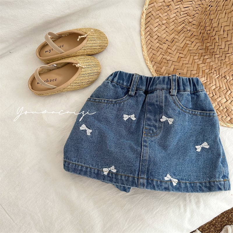 Lányoknak készült denim A-vonalú szoknya masnis hímzéssel, 92% pamut, egyszerű mintázat, nyár.