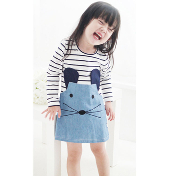 Dječja haljina za djevojčice s dugim rukavima, denim patchwork u prugama i blokovima boja za proljetće i jesen