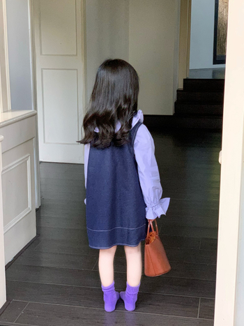 Korejski stil dječja denim suknja s trakama, 90% pamuk, enzimsko pranje, podstava pamuk 90%, uzrast 3–8 godina