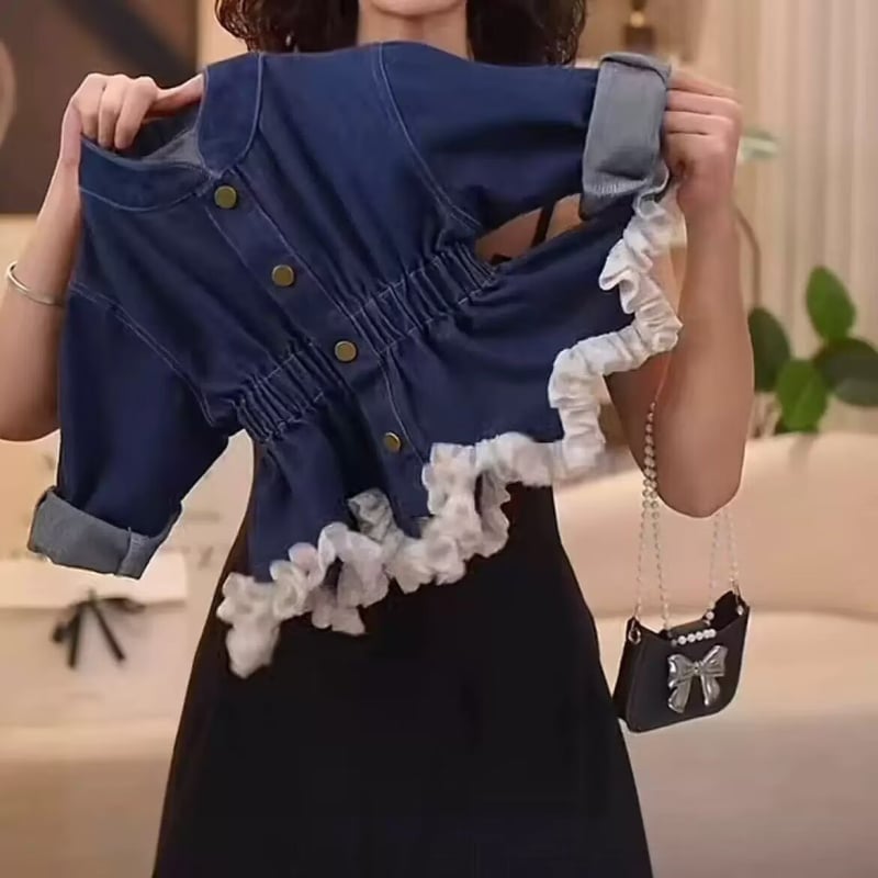 Dječja haljina u korejskom stilu, denim stil, A-linija, poliester, mekana podstava