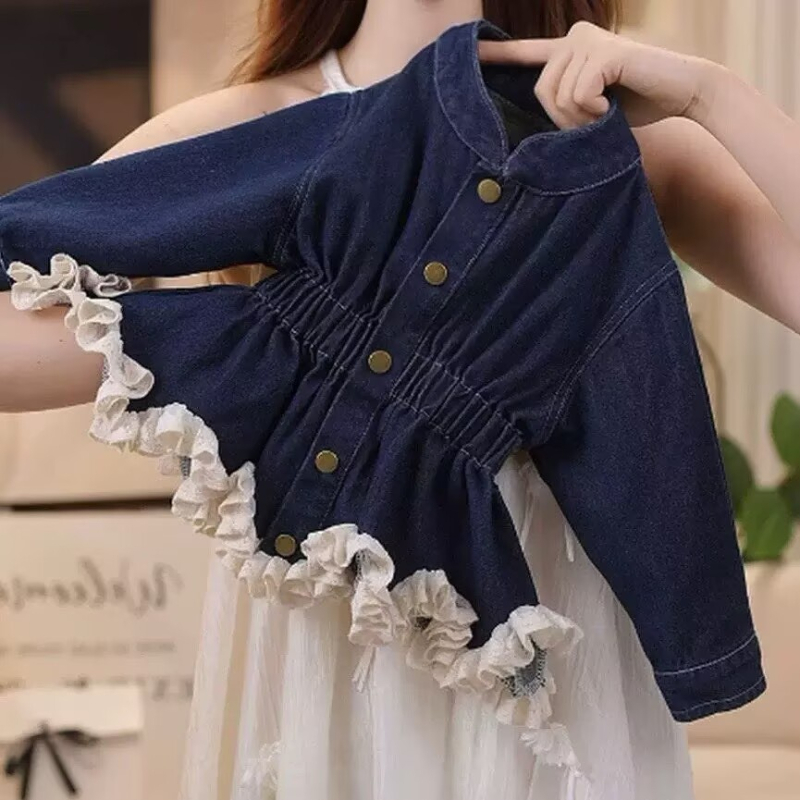 Dječja haljina u korejskom stilu, denim stil, A-linija, poliester, mekana podstava