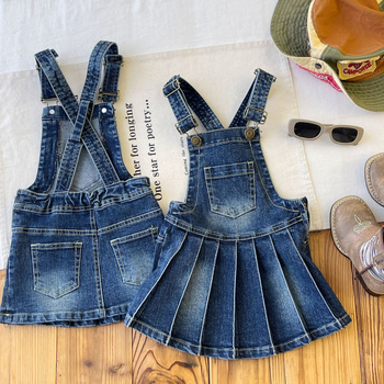 Kislányoknak szóló denim pliszírozott pántos szoknya, japán stílus, 65% pamut, puha anyag