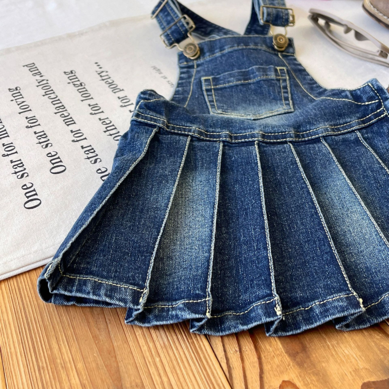 Kislányoknak szóló denim pliszírozott pántos szoknya, japán stílus, 65% pamut, puha anyag