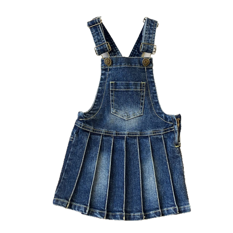 Kislányoknak szóló denim pliszírozott pántos szoknya, japán stílus, 65% pamut, puha anyag