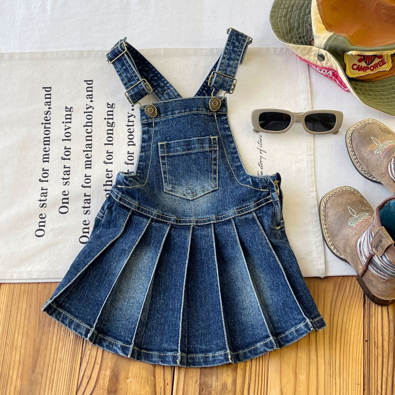 Kislányoknak szóló denim pliszírozott pántos szoknya, japán stílus, 65% pamut, puha anyag