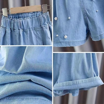 Lányoknak szóló denim gyöngyökkel díszített plisírozott rövid szoknya, UV-védett anyag, poliészter-pamut keverék