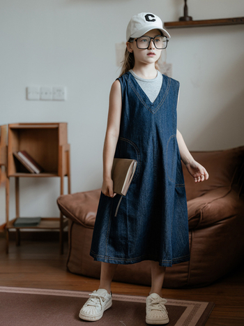 Dječji dvodijelni džins set bez rukava, korejskog stila, jednobojni, pamuk-denim 90–95%
