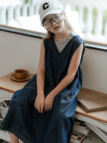 Dječji dvodijelni džins set bez rukava, korejskog stila, jednobojni, pamuk-denim 90–95%