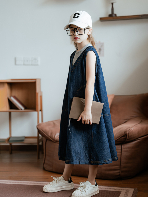 Dječji dvodijelni džins set bez rukava, korejskog stila, jednobojni, pamuk-denim 90–95%