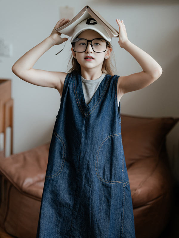 Dječji dvodijelni džins set bez rukava, korejskog stila, jednobojni, pamuk-denim 90–95%