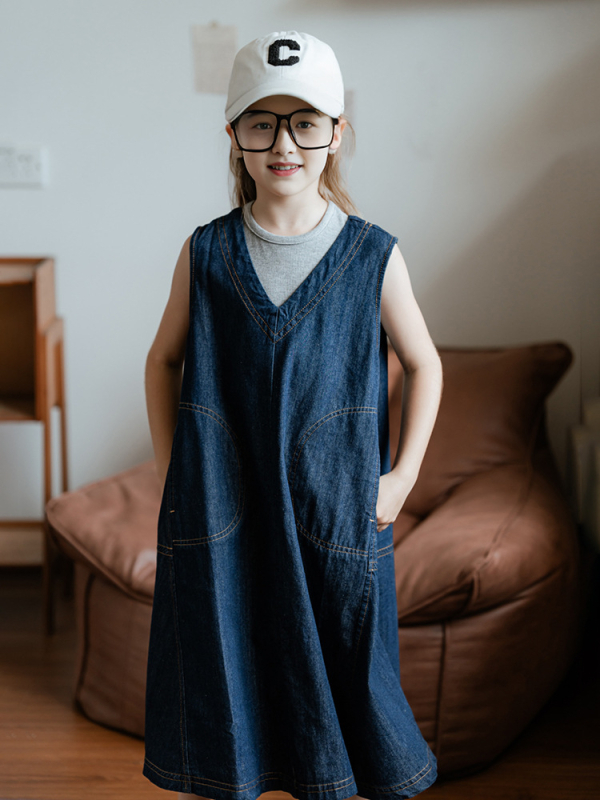 Dječji dvodijelni džins set bez rukava, korejskog stila, jednobojni, pamuk-denim 90–95%
