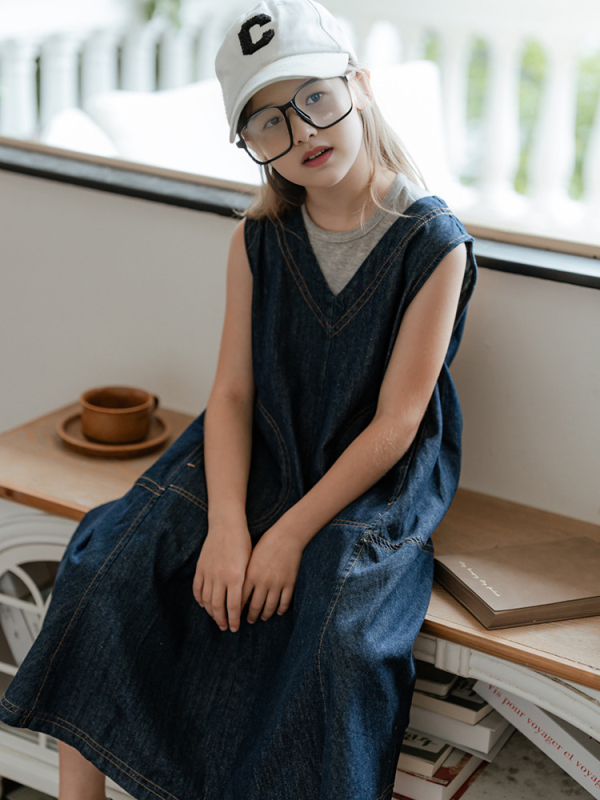 Dječji dvodijelni džins set bez rukava, korejskog stila, jednobojni, pamuk-denim 90–95%