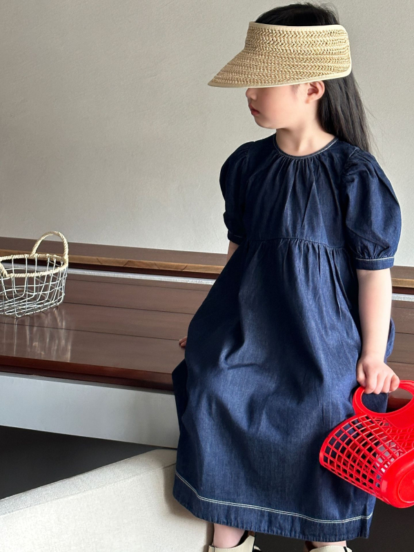 Rochie din denim în stil coreean pentru fete, croială A-line, țesătură subțire, culoare solidă, pentru copii de 3–8 ani, Primăvara 2024, brand Jutian