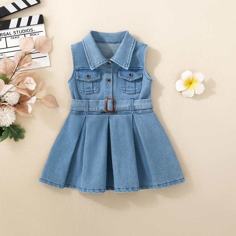 Rochie de denim pentru fete fără mâneci – Versiune coreeană, vară, Material moale, Pentru vârsta 3–8 ani
