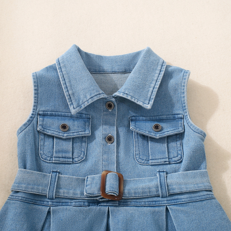 Rochie de denim pentru fete fără mâneci – Versiune coreeană, vară, Material moale, Pentru vârsta 3–8 ani