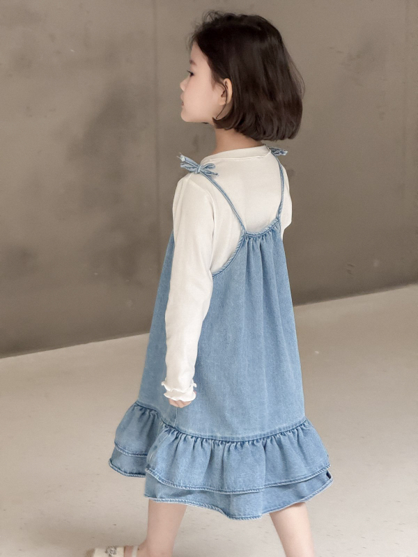 Fustă denim cu bretele pentru fetițe, stil coreean, denim moale spălat (90% bumbac), culoare solidă, pentru vârsta 3–8 ani, primăvara 2025