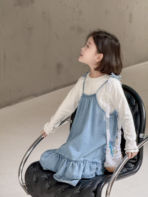 Fustă denim cu bretele pentru fetițe, stil coreean, denim moale spălat (90% bumbac), culoare solidă, pentru vârsta 3–8 ani, primăvara 2025
