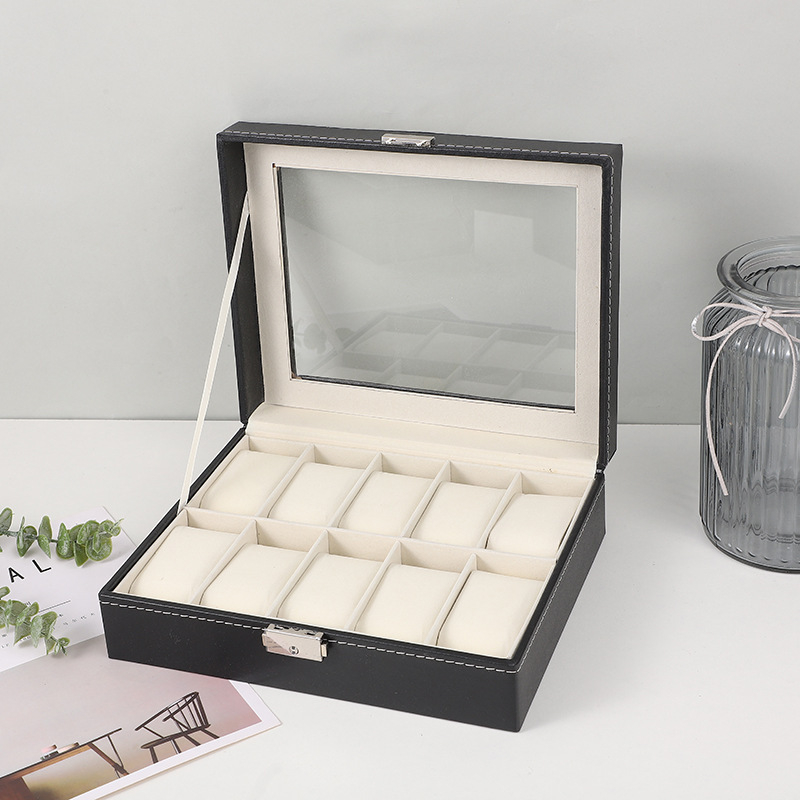 Cutie din piele pentru ceasuri, pentru bărbați, cu 10 compartimente, spațiu mare, depozitare cu mai multe compartimente, cutie de prezentare accesorii