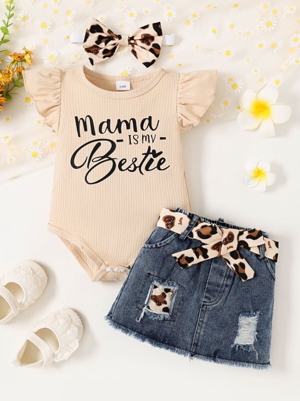 Lányoknak készült két darabos nyári készlet: ujjatlan felső és denim szoknya, egyszínű minta, poliészter anyag