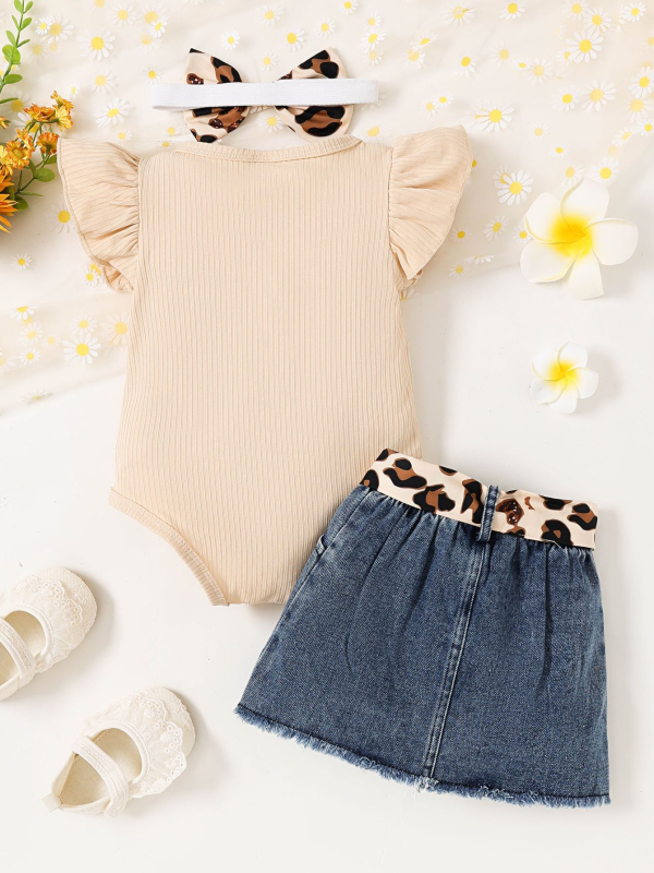 Lányoknak készült két darabos nyári készlet: ujjatlan felső és denim szoknya, egyszínű minta, poliészter anyag