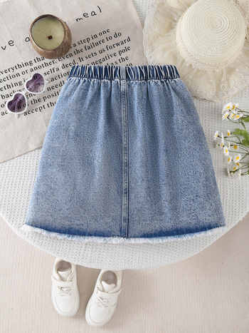 Fustă denim midi pentru fete, în linie A, cu nasturi decorativi și buzunare cargo, margine raw spălat, compoziția: 51% bumbac, 32% poliester, 17% rayon