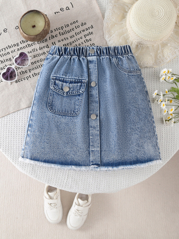 Fustă denim midi pentru fete, în linie A, cu nasturi decorativi și buzunare cargo, margine raw spălat, compoziția: 51% bumbac, 32% poliester, 17% rayon