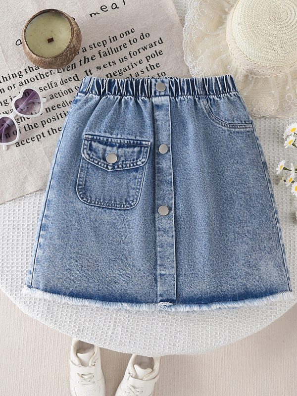 Fustă denim midi pentru fete, în linie A, cu nasturi decorativi și buzunare cargo, margine raw spălat, compoziția: 51% bumbac, 32% poliester, 17% rayon