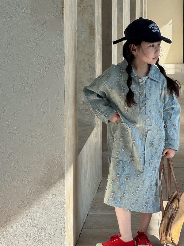 Dječja džins haljina, korejski stil, A-linija, 100% pamuk, proljeće 2025
