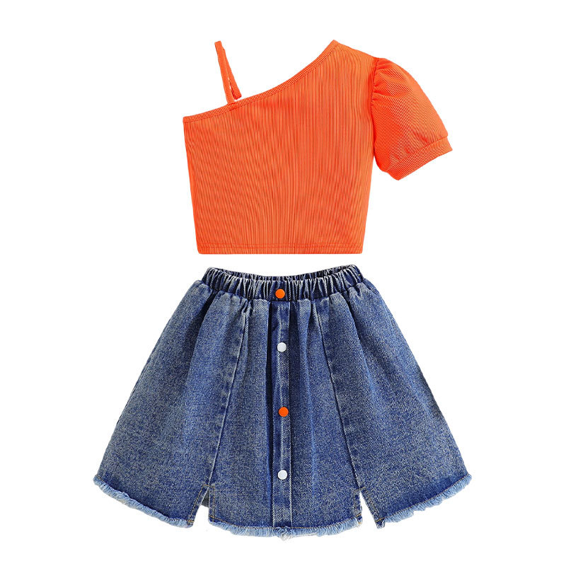 Detský dvodielny komplet pre dievčatá, kórejský štýl, leto, top s odhaleným ramenom a krátkymi rukávmi, sukňový komplet, 3–8 rokov