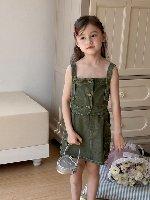 Dječji denim set sa suknjom (dva komada), bez rukava, jednobojni, 95% pamuk, za djecu 3–8 godina, ljeto 2024