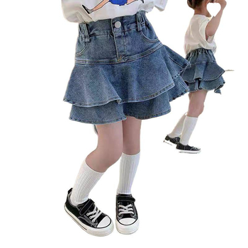 Dječja mini suknja za djevojčice, denim/pamuk mješavina, slojeviti rub, tretman tekućim amonijakom, casual ljeto 2022, za uzrast 8+ godina