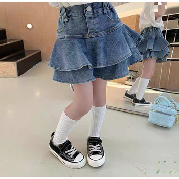 Dječja mini suknja za djevojčice, denim/pamuk mješavina, slojeviti rub, tretman tekućim amonijakom, casual ljeto 2022, za uzrast 8+ godina