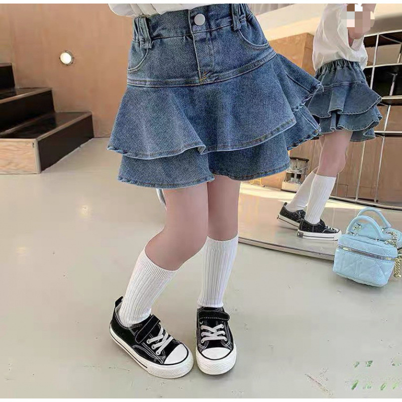 Dječja mini suknja za djevojčice, denim/pamuk mješavina, slojeviti rub, tretman tekućim amonijakom, casual ljeto 2022, za uzrast 8+ godina