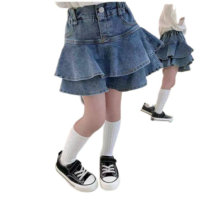 Dječja mini suknja za djevojčice, denim/pamuk mješavina, slojeviti rub, tretman tekućim amonijakom, casual ljeto 2022, za uzrast 8+ godina