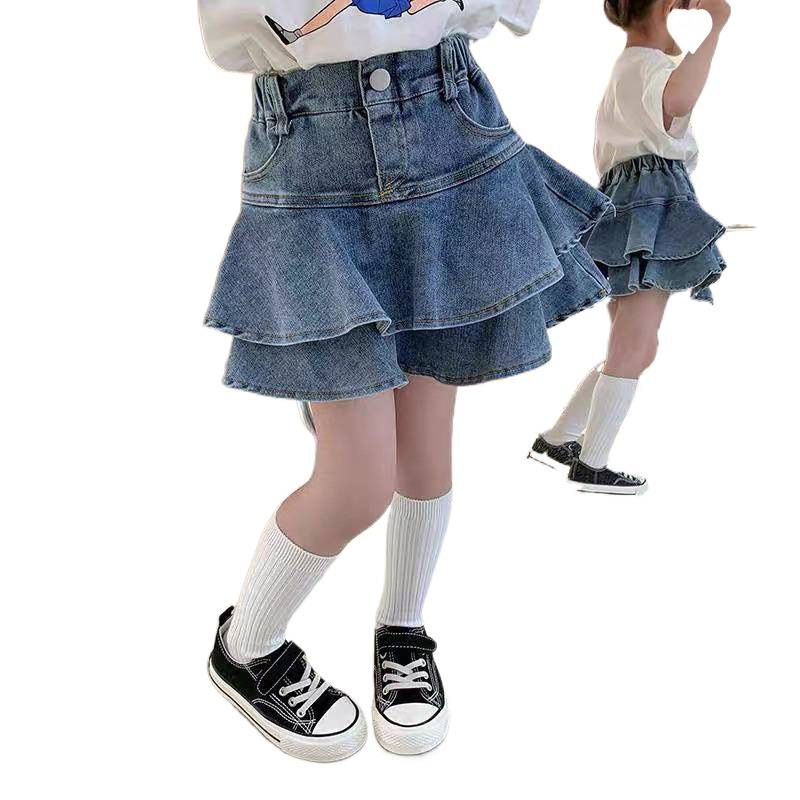 Dječja mini suknja za djevojčice, denim/pamuk mješavina, slojeviti rub, tretman tekućim amonijakom, casual ljeto 2022, za uzrast 8+ godina