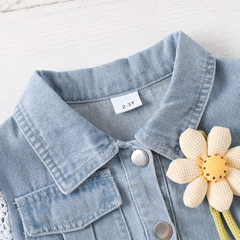 Детски деним рокля с дълги ръкави, мотив хризантема и дантелена декорация, комплект с колан, 60% памук