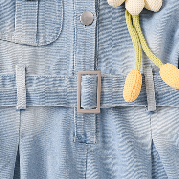 Детски деним рокля с дълги ръкави, мотив хризантема и дантелена декорация, комплект с колан, 60% памук