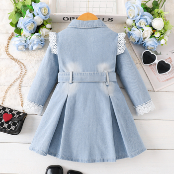 Детски деним рокля с дълги ръкави, мотив хризантема и дантелена декорация, комплект с колан, 60% памук