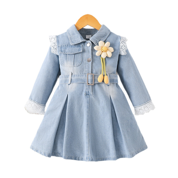 Детски деним рокля с дълги ръкави, мотив хризантема и дантелена декорация, комплект с колан, 60% памук