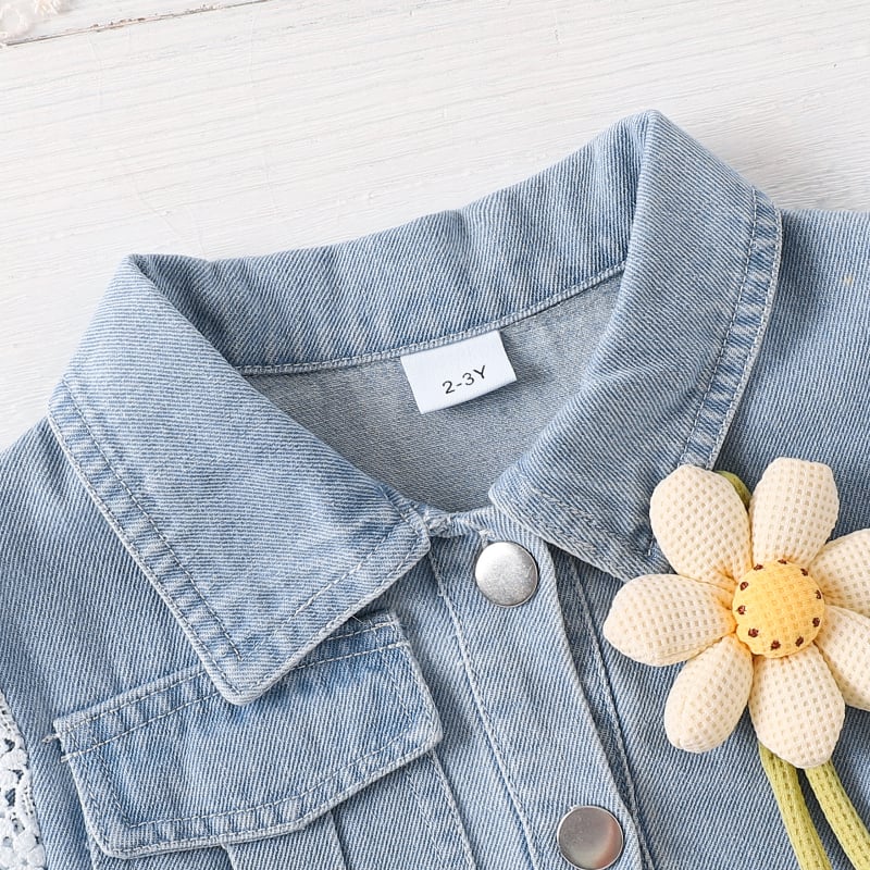 Детски деним рокля с дълги ръкави, мотив хризантема и дантелена декорация, комплект с колан, 60% памук