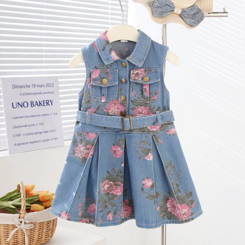 Djevojčice bez rukava denim haljina - korejski stil, cvjetni uzorak, pamuk-džins 70/30, podstava pamuk, Ljeto 2025, za uzrast 3–8 godina
