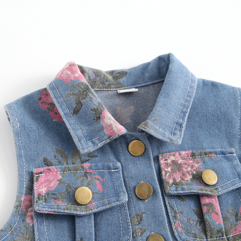 Djevojčice bez rukava denim haljina - korejski stil, cvjetni uzorak, pamuk-džins 70/30, podstava pamuk, Ljeto 2025, za uzrast 3–8 godina