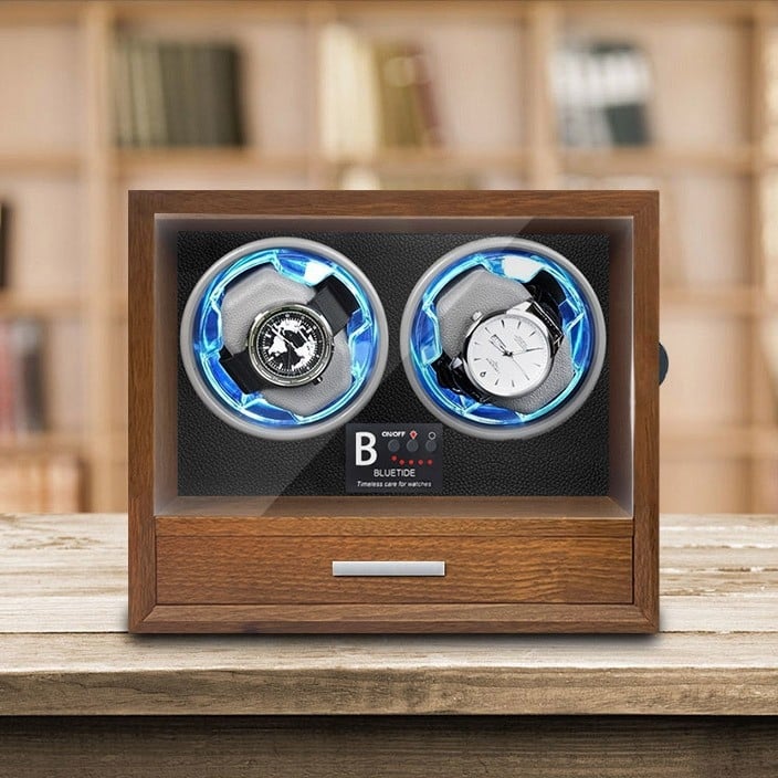 Medinė laikrodžių dėžutė su automatinio vyniojimo mechanizmu, anti-magnetinė, ultra tylus, dviejų laikrodžių saugojimui