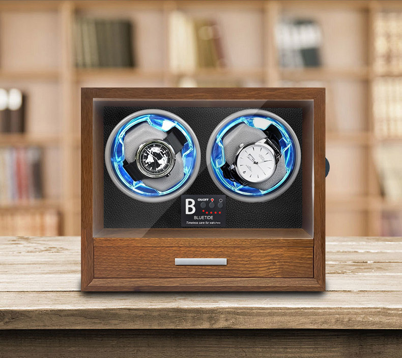 Medinė laikrodžių dėžutė su automatinio vyniojimo mechanizmu, anti-magnetinė, ultra tylus, dviejų laikrodžių saugojimui