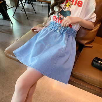 Lányoknak szóló denim A-vonalú szoknya, egyszínű, 80% pamut, 8+ éveseknek (140 cm felett), nyár