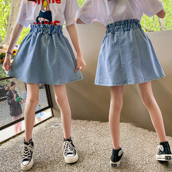 Lányoknak szóló denim A-vonalú szoknya, egyszínű, 80% pamut, 8+ éveseknek (140 cm felett), nyár