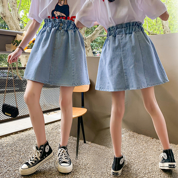 Lányoknak szóló denim A-vonalú szoknya, egyszínű, 80% pamut, 8+ éveseknek (140 cm felett), nyár