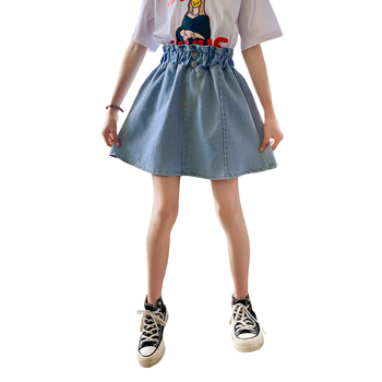 Lányoknak szóló denim A-vonalú szoknya, egyszínű, 80% pamut, 8+ éveseknek (140 cm felett), nyár